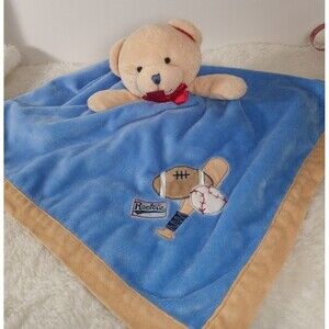 Carters Bear Rattle Lovey Blue Sports Appliques Tan Edge Satin  Soother